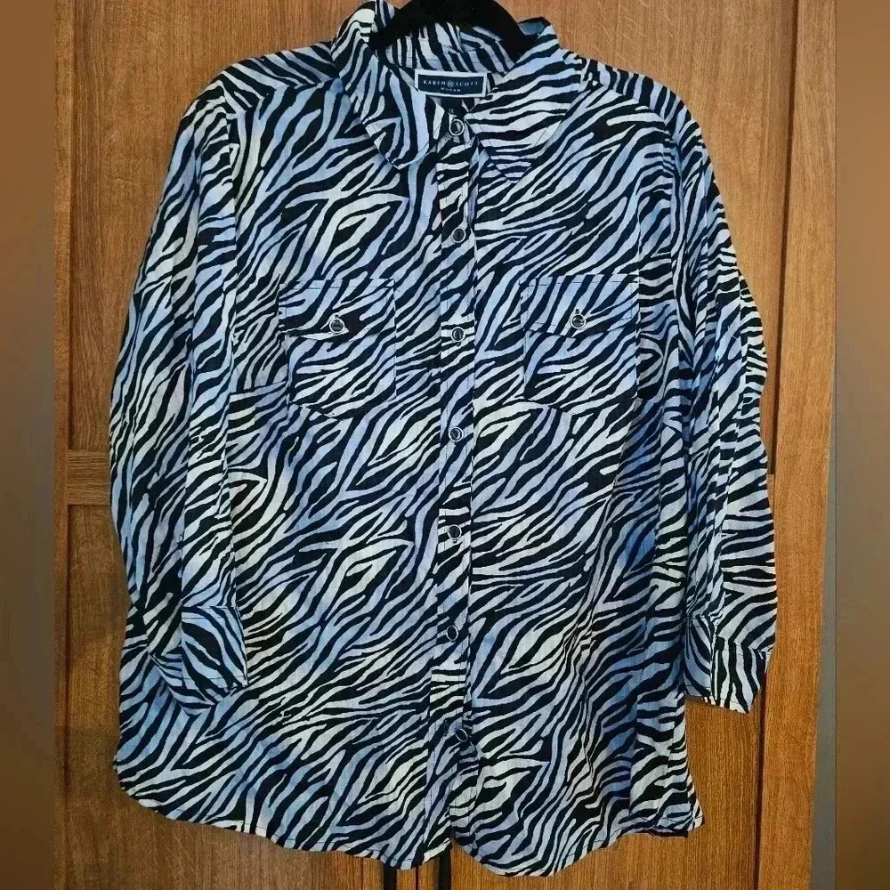 Karen Scott Long Sleeve Button Down Animal Print Shirt 100% Cotton (1X)